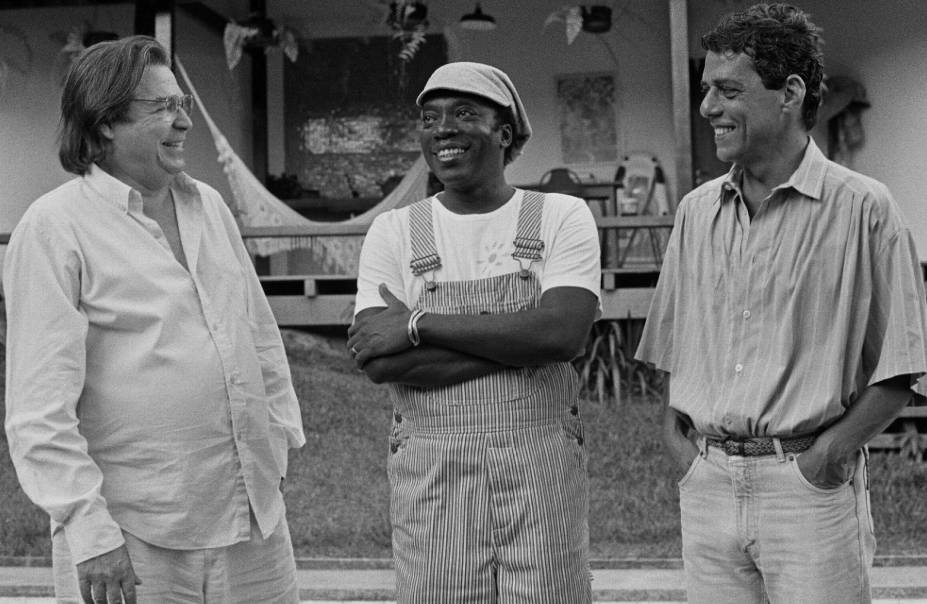 Tom Jobim, Milton Nascimento e Chico Buarque em ensaio na casa de Tom, em dezembro de 1989