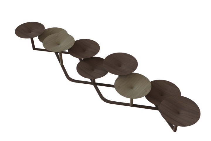 Banco Igaparé, feito de metal revestido em madeira. De Ronald Scliar Sasson Banco Igaparé, feito de metal revestido em madeira. De Ronald Scliar Sasson