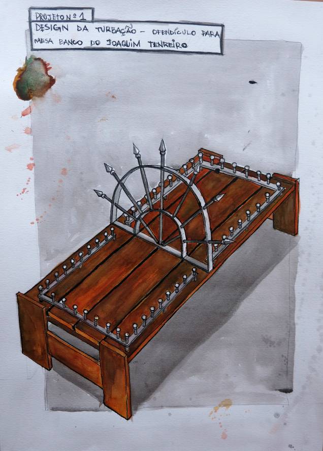 Projeto n° 1 - Design da Turbação - Ofendículo para Mesa/Banco de Joaquim Tenreiro(2015): aquarela, nanquim e grafite sobre papel, de Daniel Murgel Projeto n° 1 - Design da Turbação - Ofendículo para Mesa/Banco de Joaquim Tenreiro(2015): aquarela, nanquim e grafite sobre papel, de Daniel Murgel