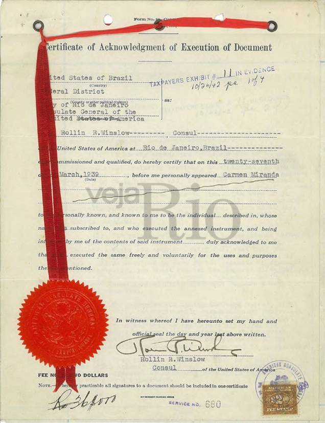 Primeiro contrato assinado por Carmen com Lee Shubert, através do consulado dos EUA, em 1939 Primeiro contrato assinado por Carmen com Lee Shubert, através do consulado dos EUA, em 1939