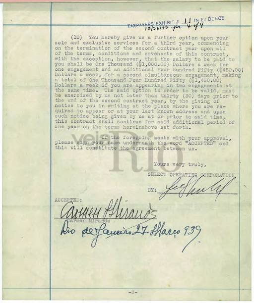 Primeiro contrato assinado por Carmen com Lee Shubert, através do consulado dos EUA, em 1939