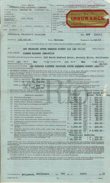 Apólice de seguro de jóias, roupas e bijuterias de Carmen, avaliados de 116.790 mil dólares em 1953