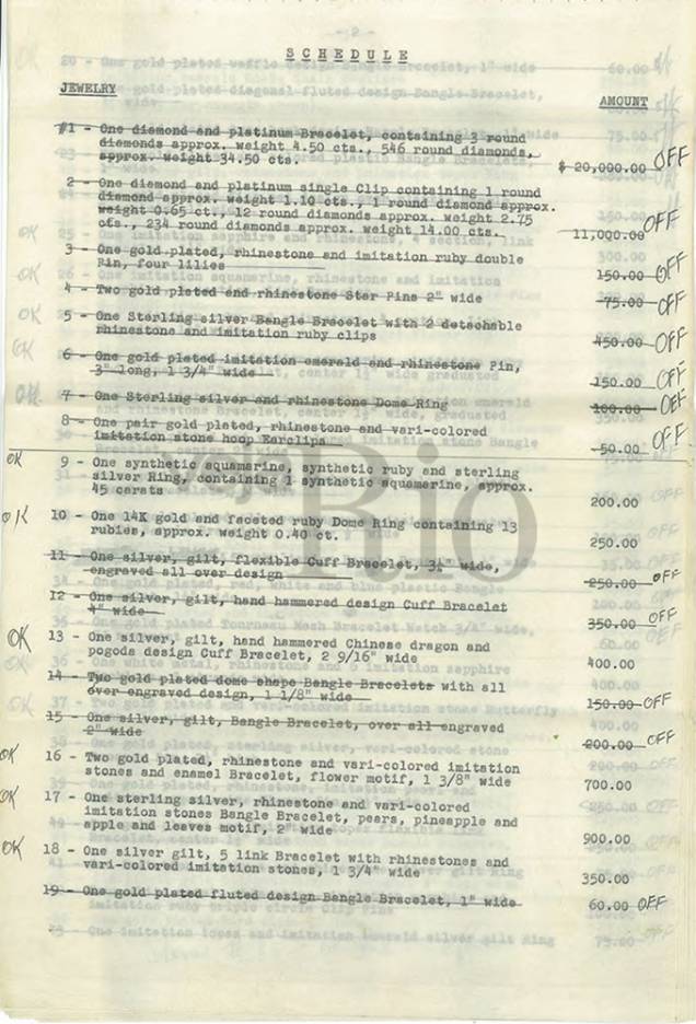 Apólice de seguro de jóias, roupas e bijuterias de Carmen, avaliados de 116.790 mil dólares em 1953 Apólice de seguro de jóias, roupas e bijuterias de Carmen, avaliados de 116.790 mil dólares em 1953