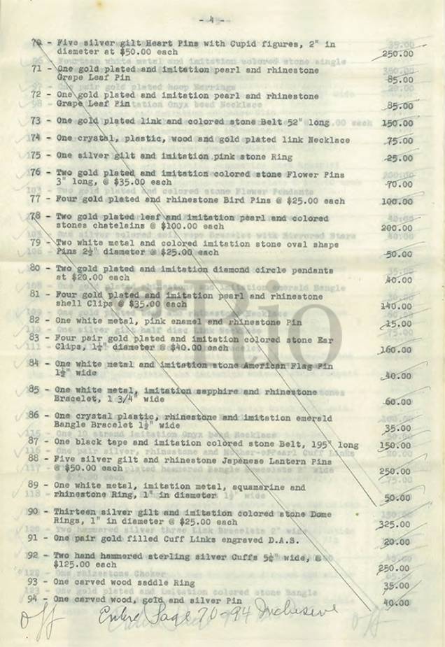 Apólice de seguro de jóias, roupas e bijuterias de Carmen, avaliados de 116.790 mil dólares em 1953 Apólice de seguro de jóias, roupas e bijuterias de Carmen, avaliados de 116.790 mil dólares em 1953