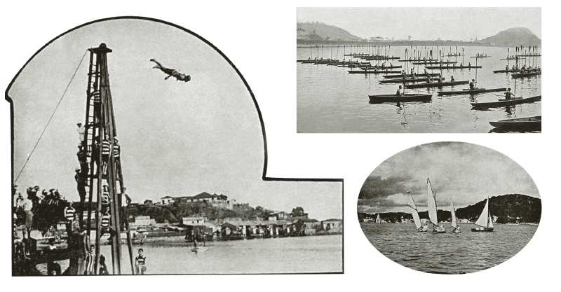 O mergulhador arrisca o salto em uma piscina náutica do Clube de Regatas São Cristóvão (acima). Em 1911, as mulheres já brigavam por espaço nas competições, como na disputa de remo (no alto, à dir.). A foto à direita registra uma regata em 1907, com a participação de atletas do Iate Clube Brasileiro. O mergulhador arrisca o salto em uma piscina náutica do Clube de Regatas São Cristóvão (acima). Em 1911, as mulheres já brigavam por espaço nas competições, como na disputa de remo (no alto, à dir.). A foto à direita registra uma regata em 1907, com a participação de atletas do Iate Clube Brasileiro.