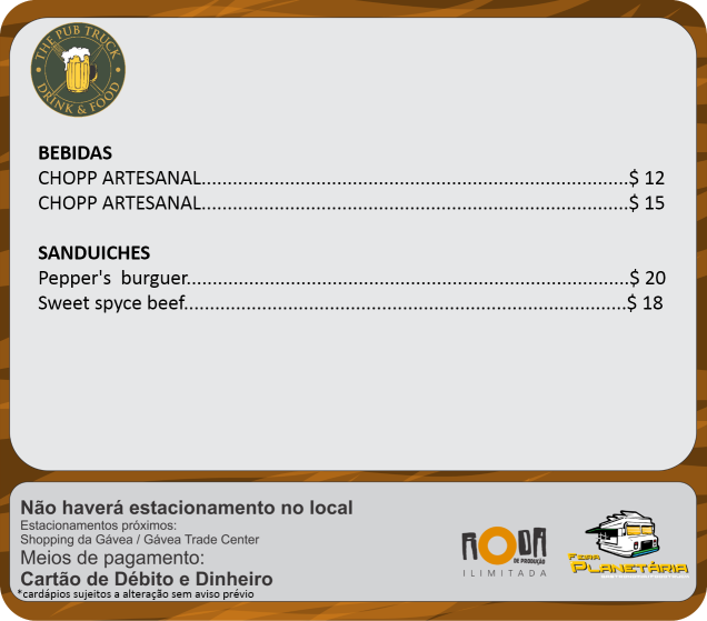 Cardápios the pub truck julho Cardápios the pub truck julho