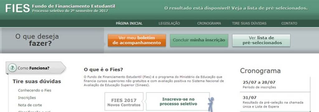 MEC divulga resultado do Fies do segundo semestre de 2017