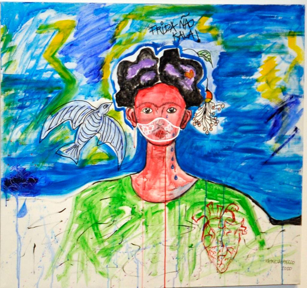 Patricia Secco 2 Pintura de figura feminina com um fundo em tons de azul