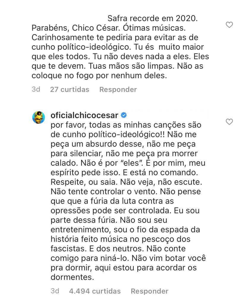 Print dos coment&aacute;rios do Instagram de Chico C&eacute;sar que est&atilde;o transcritos na reportagem