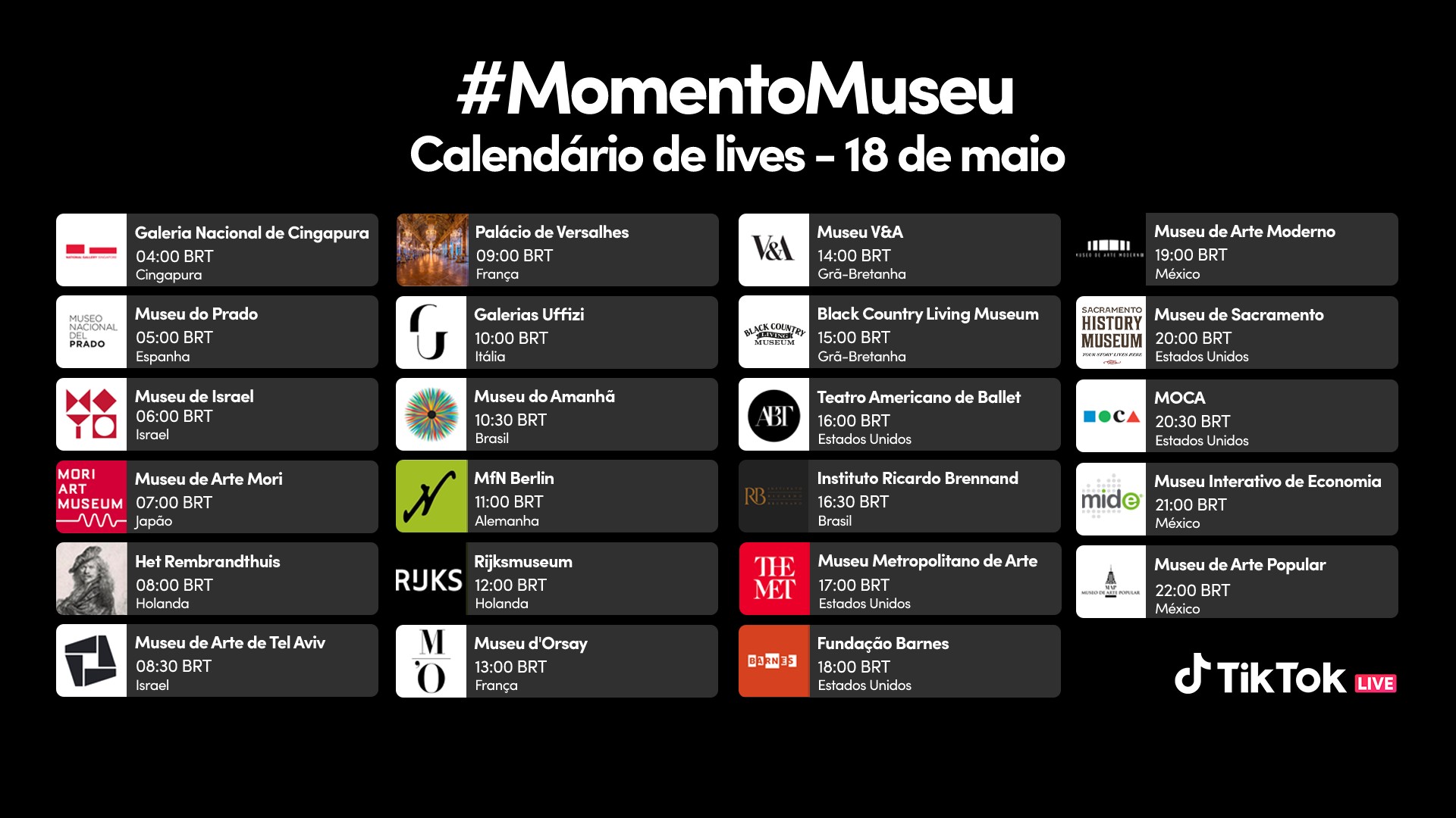 Tabela mostra hor&aacute;rios dos tours do #MomentoMuseu do TikTok