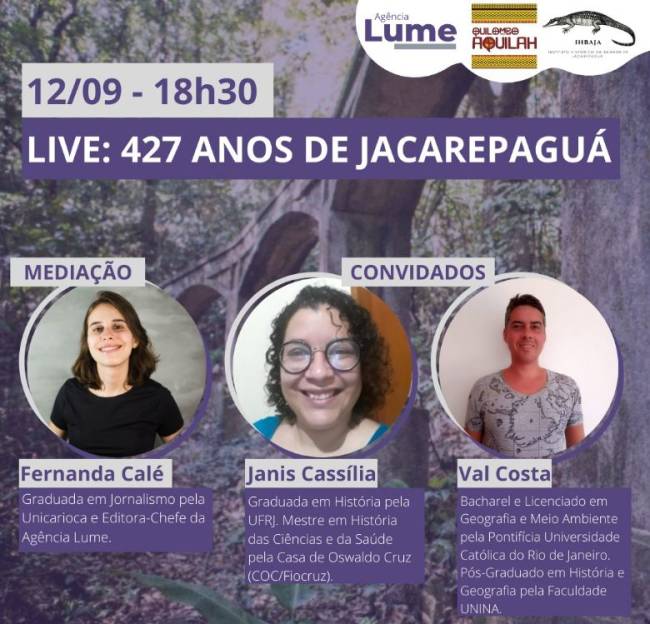 Cartaz de divulgação da live de aniversário de 427 anos de Jacarepaguá.