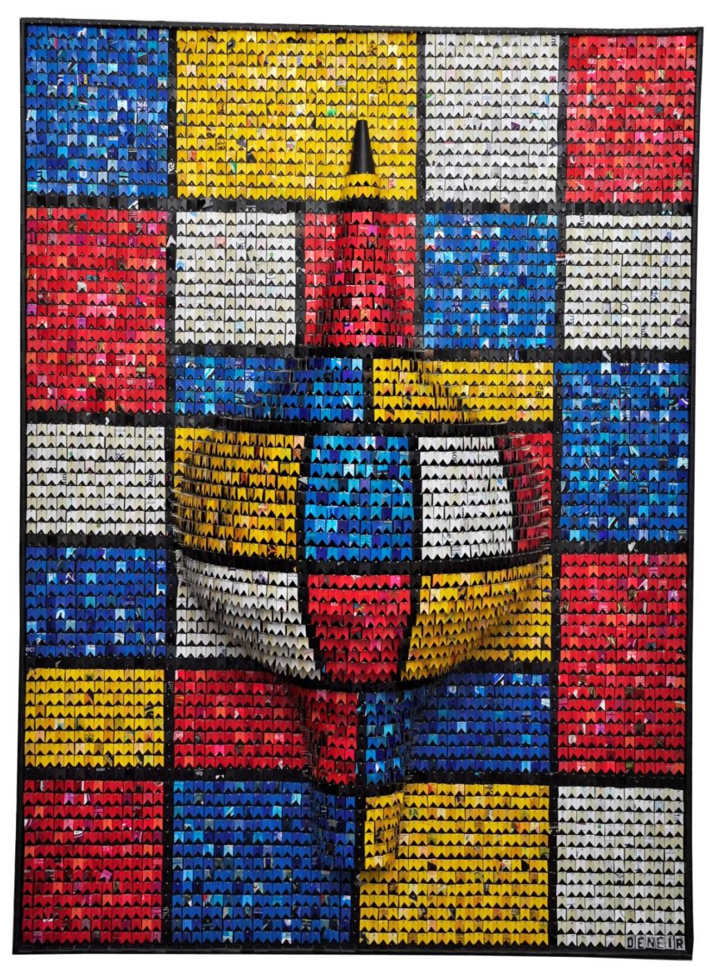 Deneir. Festa Para Mondrian, 2020, 30 x 95 x 130 cm, madeira industrial, alfinetes e alumínio reciclado obra feita de contas brilhantes nas cores vermelho, azul e amarelo