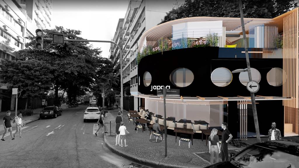 Perspectiva – Jappa da Quitanda Ipanema_01 Jappa da Quitanda: perspectiva do projeto, com mesinhas na varanda