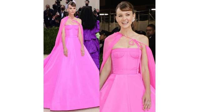 Carey Mulligan de rosa chiclete no Met Gala 2021 Carey Mulligan de rosa chiclete no Met Gala 2021