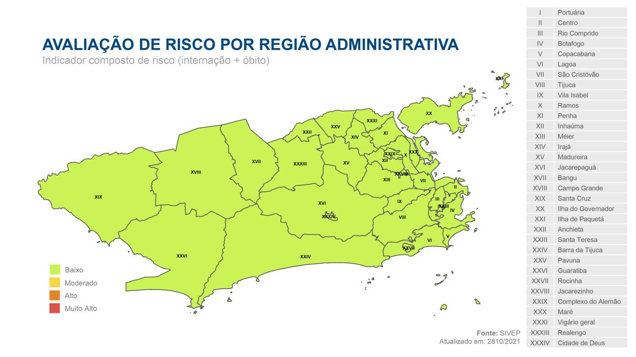 Imagem mostra mapa da cidade do Rio com todas as regiões administrativas na cor verde