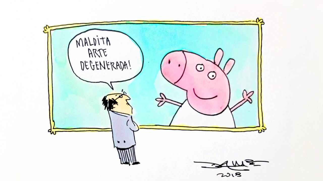 Tirinha do artista André Dahmer com homem olhando quadro com figura de porco e dizendo: "Maldita arte degenerada".