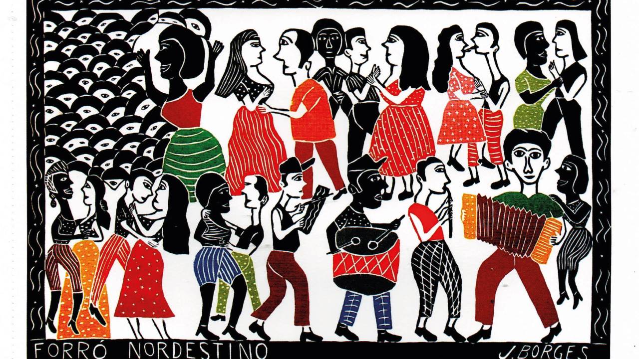 Xilogravura de J. Borges em que predominam as cores preta e vermelha, com pessoas em um forró: no canto direito, embaixo, estão os músicos; no resto do quatro, o público, com casais dançando e uma mulher sozinha