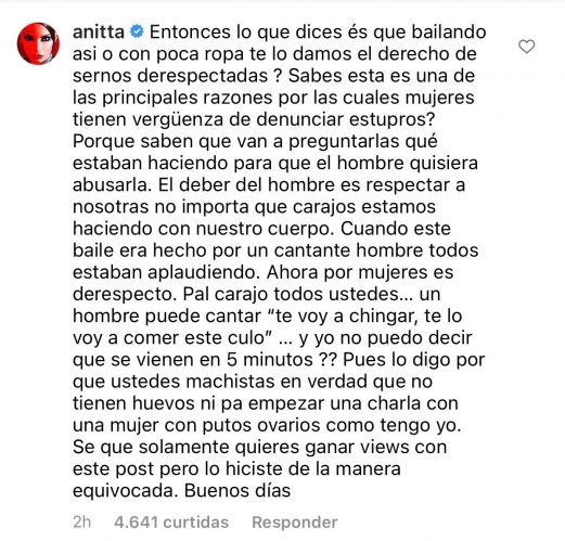 anitta 03 Texto de Anitta em resposta ao apresentador venezuelano Osman Aray nos comentários do Instagram, em espanhol.