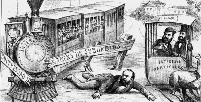 Charge trens subúrbios Charge de Ângelo Agostini, publicada na Revista Illustrada, em 28 de setembro de 1882.