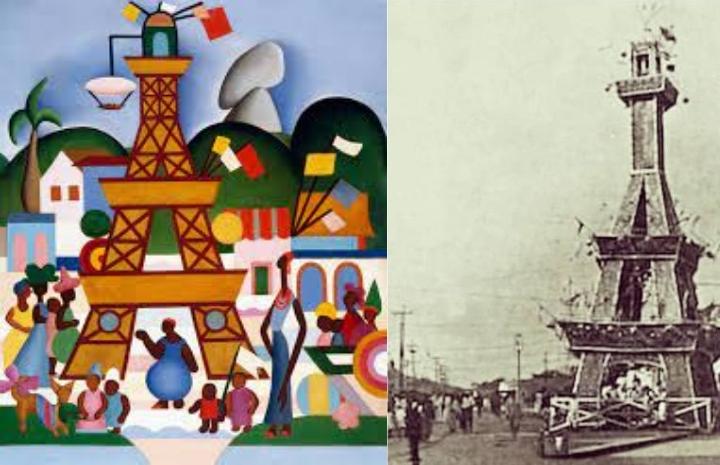 Obra “Carnaval em Madureira” de Tarsila do Amaral e, ao lado, a Torre Eiffel de Madureira. Na verdade, um coreto