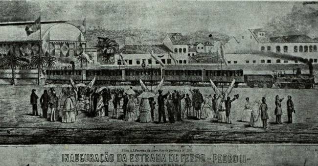Inauguração trens Ilustração da Revista Brasil Ilustrado, de 1943, sobre a inauguração da Estrada de Ferro Dom Pedro II.