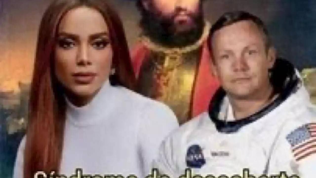 Foto mostra Anitta, Pedro Álvares Cabral e Neil Armstrong com a frase "síndrome da descoberta"