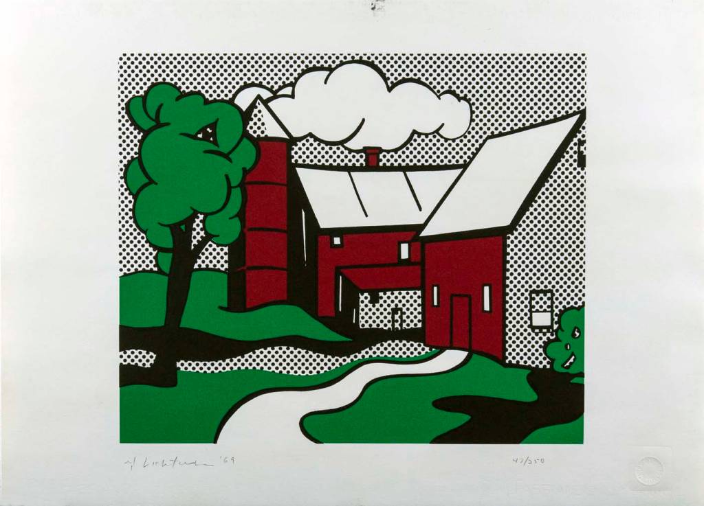 ROY_LICHTENSTEIN_02A_ALTA_QUALIDADE Quadro de Roy Lichensten com cainhas de parede cor de vinho, grama e árvore, com nuvem no céu cinza