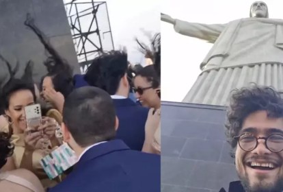 Foto mostra convidados de casamento enfrentando ventania no Cristo Redentor