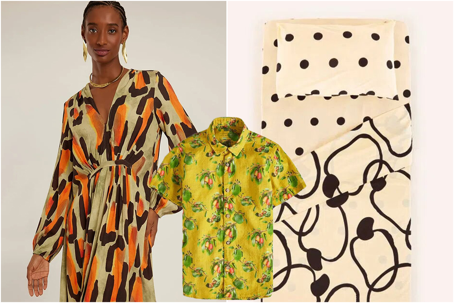A cara do ver&atilde;o: as estampas de caju est&atilde;o no vestido da Lenny, na roupa de cama da Farm e na camisa infantil da Reserva