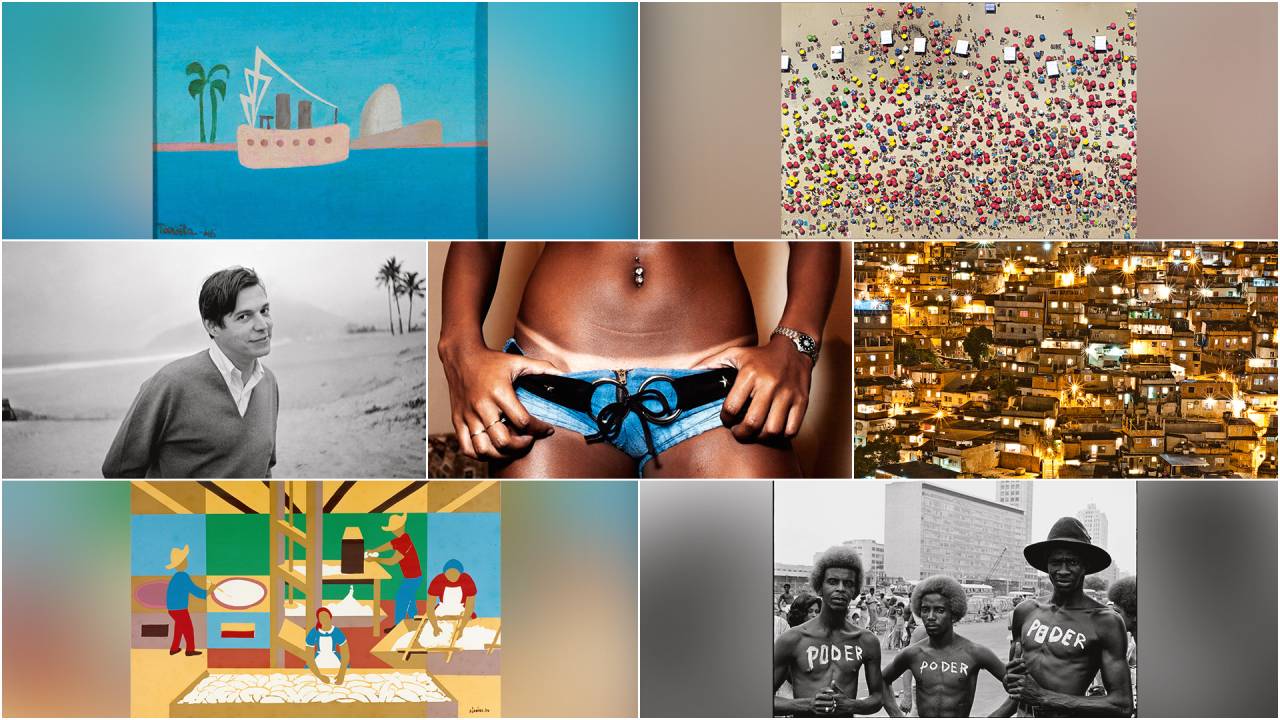 Cidade inspiração: em sentido horário, as obras de Custodio Coimbra, Monara Barreto, Carlos Vergara, Djanira, Otto Stupakoff, Tarsila do Amaral e Vincent Rosenblatt