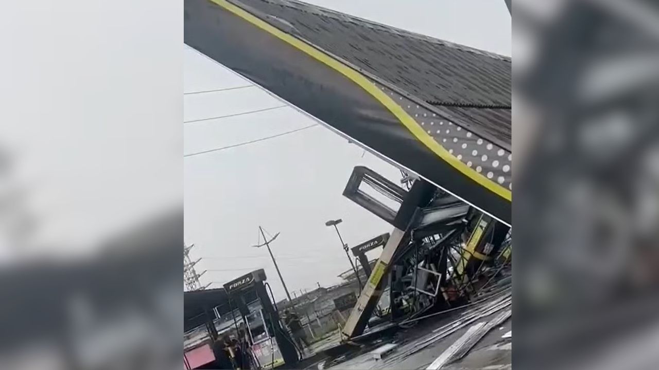 Chuva forte e ventania causam estragos na Baixada e derrubam teto de posto