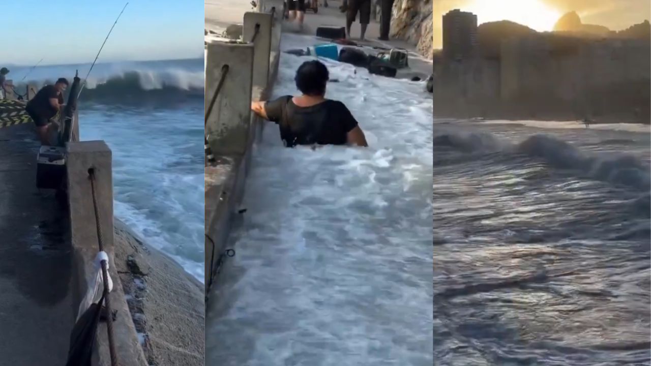 Ressaca com ondas de até 2,5 metros arrastam mulher na mureta do Leme