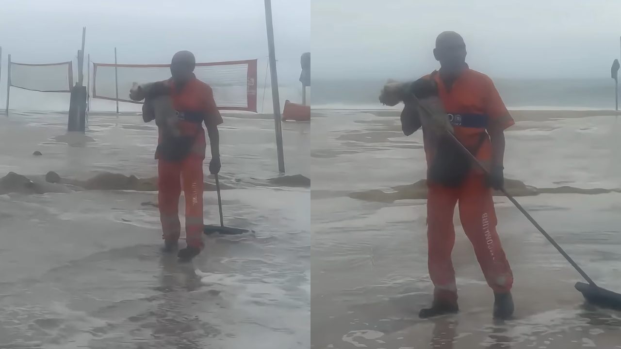 Viu essa? Gari salva cachorro durante ressaca do mar em Copacabana