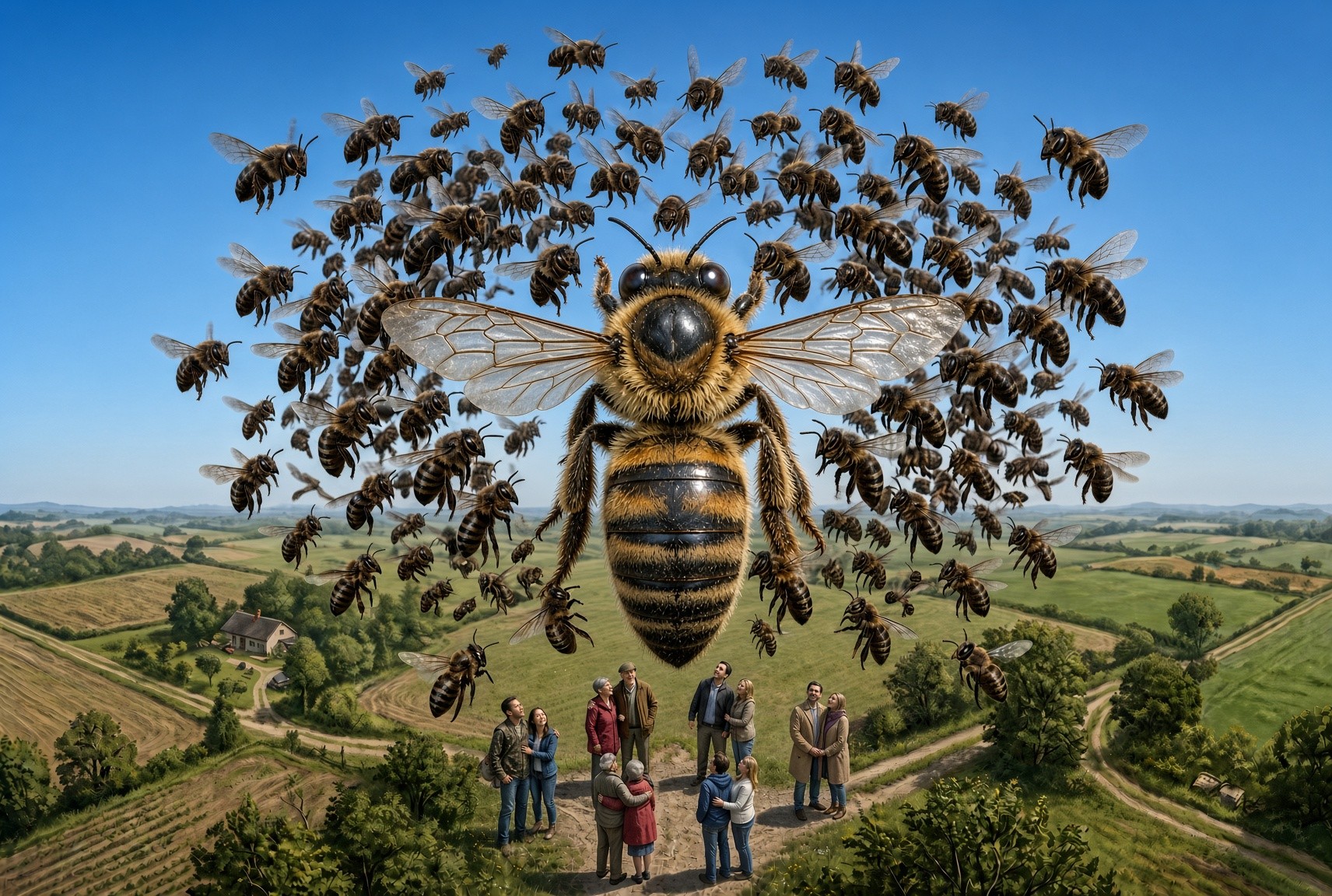 Uma abelha gigante paira sobre um grupo de pessoas em um campo verde, enquanto um enxame de abelhas menores voa ao redor. O céu é azul claro e o cenário rural tem trilhas de terra e árvores. As pessoas olham para cima, algumas abraçadas, outras em pequenos grupos, observando as abelhas.
